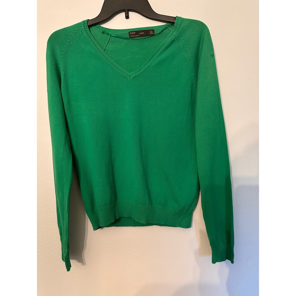 Zara V-Neck Sweater Womens L Green Excellent Cotton Blend Raglan Knit Top